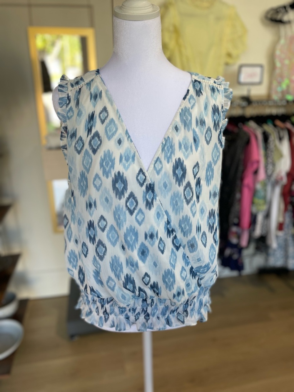 Blue Ikat Print Sleeveless Wrap-Front Camisole